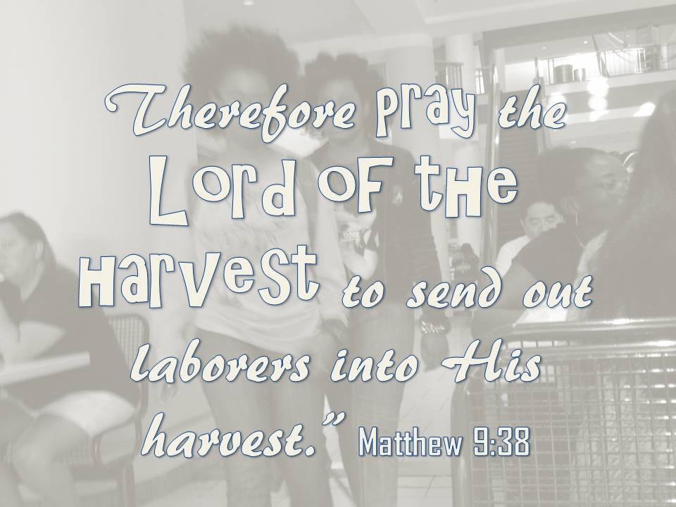 A motivational quote from Matthew 9:38 overlaid on an image of a group of people in a public space, encouraging prayer for laborers in the harvest.