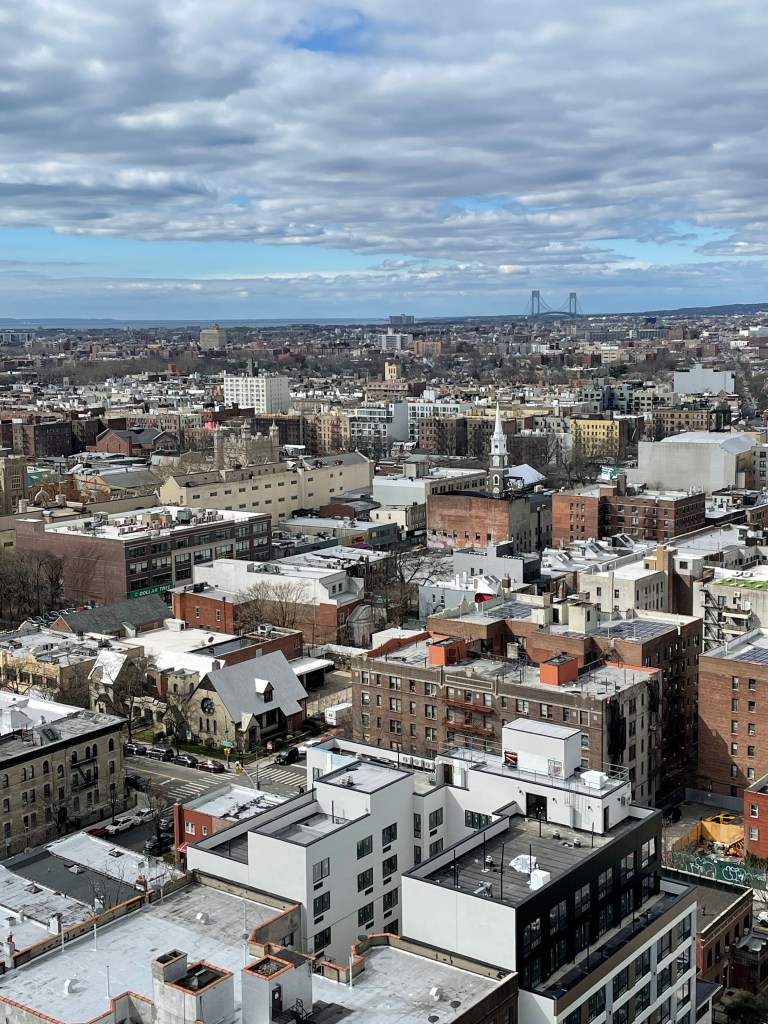 Aerial view of an urban landscape featuring a mix of residential and commercial buildings, with a skyline in the background and a bridge visible across the horizon under a partly cloudy sky.
